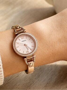 Fossil Rose Gold Bangle Watch Crystal Bezel Pink Dial Small Wrist Needs Battery